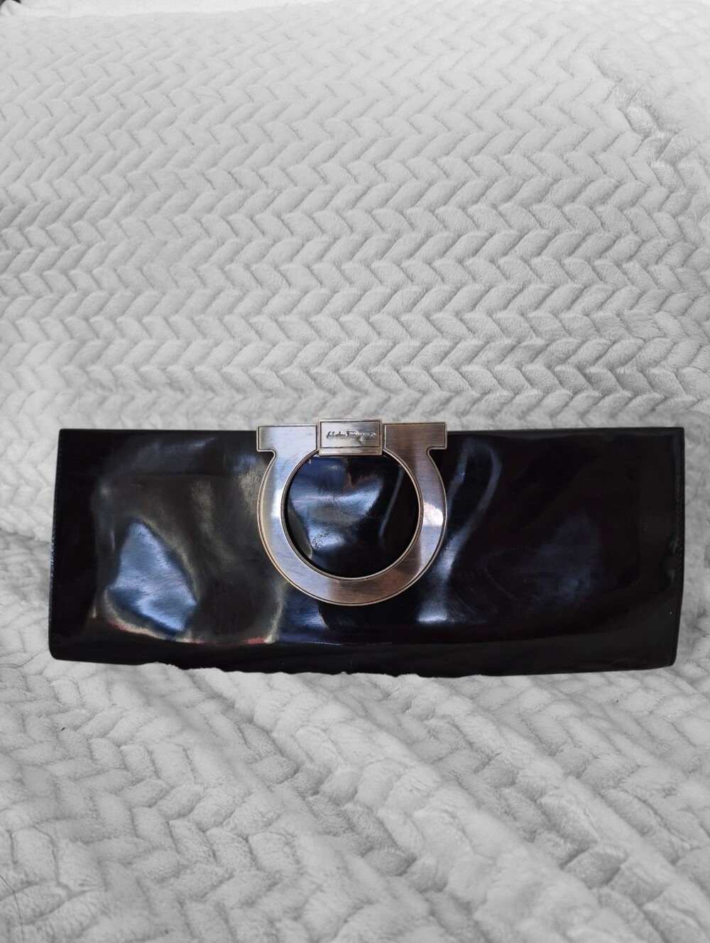 Salvatore Ferragamo Gancini Black Patent Leather Clutch Bag
